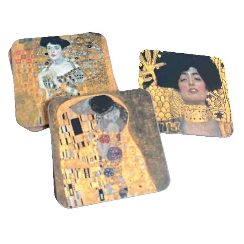 Gustav Klimt Set of 6 Coasters Cork Backing 4"x4" “Judith”, “The kiss”